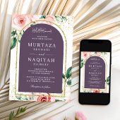Invitation Pink Floral Purple Arch QR Code Mariage musulman