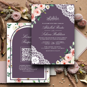 Invitation Pink Floral Purple Lace QR Code Mariage musulman