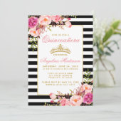 Invitation Pink Floral Quinceanera Gold Crown (Debout devant)