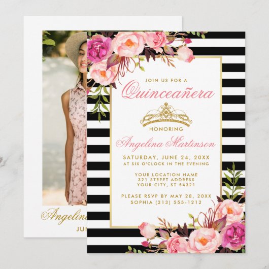 Invitation Pink Floral Quinceanera Gold Crown (Devant / Derrière)