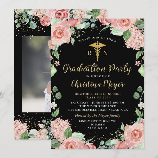 Invitation Pink Floral RN Nursing Party Photo (Devant / Derrière)