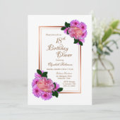Invitation Pink Floral Rose Gold Border 18e anniversaire Dîne (Debout devant)