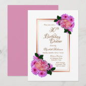 Invitation Pink Floral Rose Gold Border 30e anniversaire Dîne (Devant / Derrière)