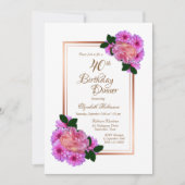 Invitation Pink Floral Rose Gold Border 40e anniversaire Dîne (Devant)