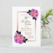 Invitation Pink Floral Rose Gold Border 40e anniversaire Dîne (Debout devant)