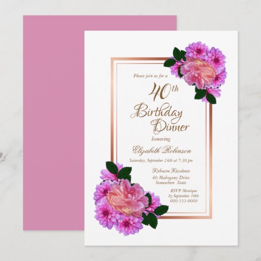 Invitation Pink Floral Rose Gold Border 40e anniversaire Dîne (Devant / Derrière)