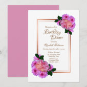 Invitation Pink Floral Rose Gold Frontière Anniversaire Dîner (Devant / Derrière)