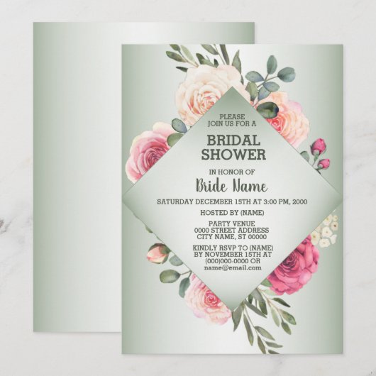 Invitation Pink Floral Rustic Geometric Green Bridal Shower (Devant / Derrière)