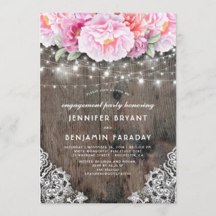 Invitation Pink Floral Rustic Wood Lace