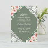 Invitation Pink Floral Sage Green Lace QR Code Mariage musulm (Debout devant)