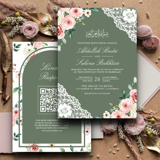 Invitation Pink Floral Sage Green Lace QR Code Mariage musulm