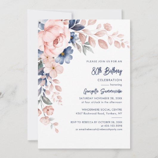 Invitation Pink Floral Script 80e fête d'anniversaire (Devant)