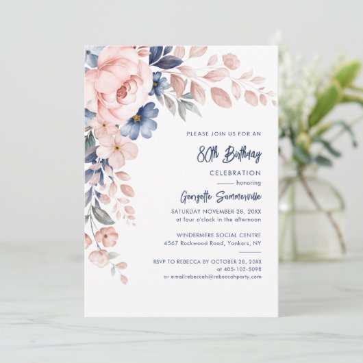 Invitation Pink Floral Script 80e fête d'anniversaire (Debout devant)