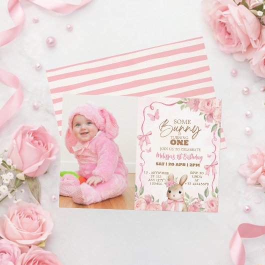 Invitation Pink Floral Some Bunny First Birthday Photo