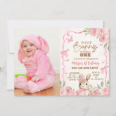 Invitation Pink Floral Some Bunny First Birthday Photo (Devant)