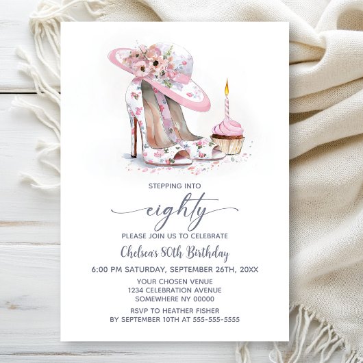 Invitation Pink Floral Stiletto Shoes 80th Birthday Party