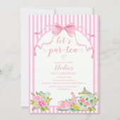 Invitation Pink Floral Stripe Let's Par-tea Birthday (Devant)