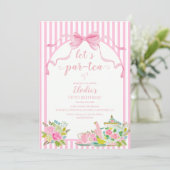 Invitation Pink Floral Stripe Let's Par-tea Birthday (Debout devant)