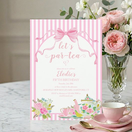 Invitation Pink Floral Stripe Let's Par-tea Birthday
