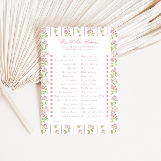 Invitation Pink Floral Striped Would she rather Game Card