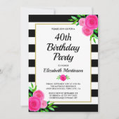 Invitation Pink Floral Stripes 40e Anniversaire Fête Invitati (Devant)
