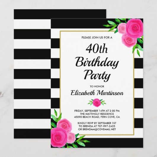 Invitation Pink Floral Stripes 40e Anniversaire Fête Invitati (Devant / Derrière)