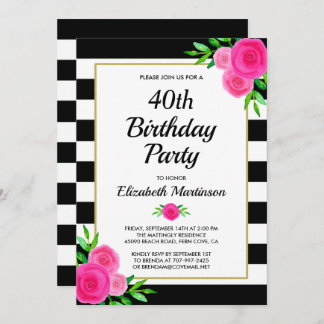 Invitation Pink Floral Stripes 40e Anniversaire Fête Invitati