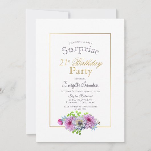Invitation Pink Floral Surprise 21ème anniversaire (Devant)