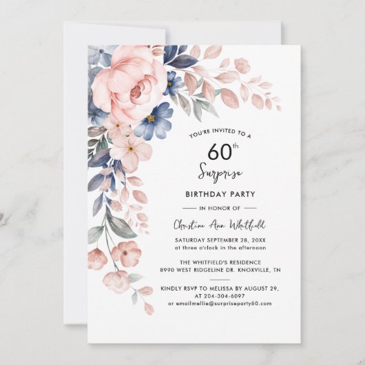 Invitation Pink Floral Surprise 60e anniversaire (Devant)