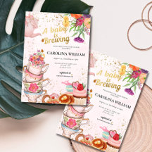 Pink Floral tea party Baby is Brewing baby shower