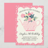Invitation Pink Floral Tea Party Fille Anniversaire Invitatio (Devant / Derrière)