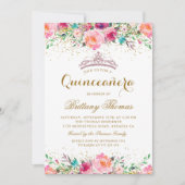 Invitation Pink Floral Tiara Quinceanera 15e anniversaire Inv (Devant)