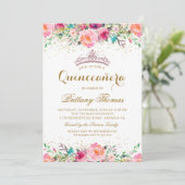 Invitation Pink Floral Tiara Quinceanera 15e anniversaire Inv (Debout devant)