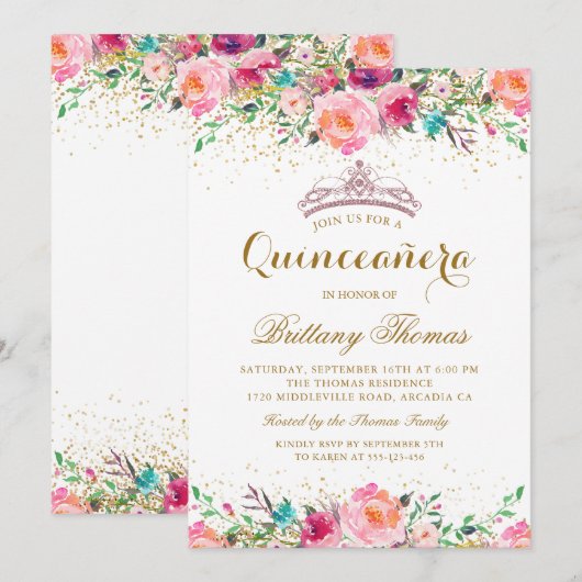 Invitation Pink Floral Tiara Quinceanera 15e anniversaire Inv (Devant / Derrière)