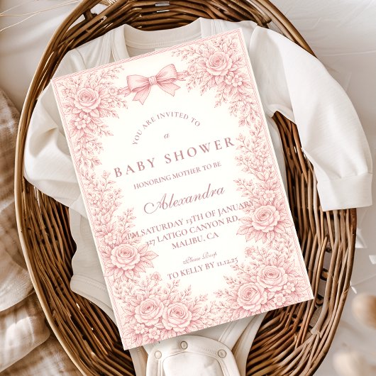 Invitation Pink Floral Toile Baby Shower