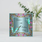 Invitation Pink Floral Turquoise Bleu papillon 30e anniversai (Debout devant)