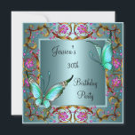 Invitation Pink Floral Turquoise Bleu papillon 30e anniversai<br><div class="desc">Pink Floral Turquoise Bleu papillon 30e fête d'anniversaire Elegant Classy élégant Motif,  avec Back Floral Frame Toutes les occasions Fête d'anniversaire invitations Modèle. Customisez avec vos propres détails.</div>