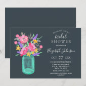 Invitation Pink Floral Turquoise Mason Jar Fête des mariées r (Devant / Derrière)