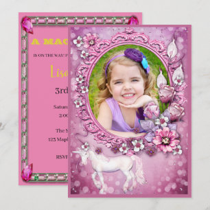 Invitation Pink Floral Unicorne Photo Anniversaire