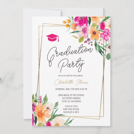 Invitation Pink floral vert chic or script graduation (Devant)