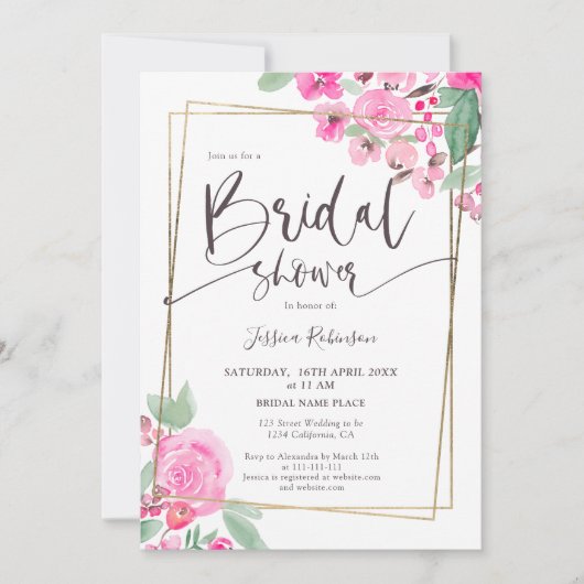 Invitation Pink floral vert or script nuptiale douche (Devant)