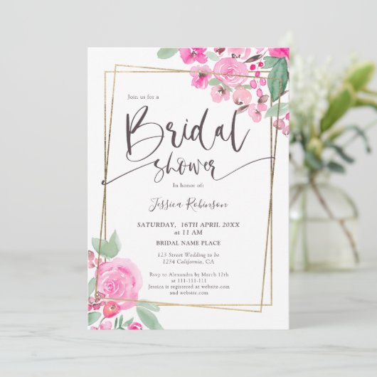 Invitation Pink floral vert or script nuptiale douche (Debout devant)