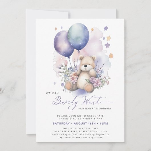 Invitation Pink Floral violet Baby shower de la fille ours de (Devant)
