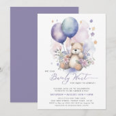 Invitation Pink Floral violet Baby shower de la fille ours de (Devant / Derrière)