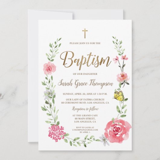 Invitation Pink Floral Watercolor Baptism Gold Cross Script  (Devant)