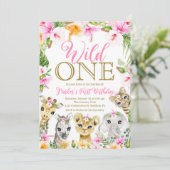 Invitation Pink Floral Wild One Jungle Safari Anniversaire fi (Debout devant)