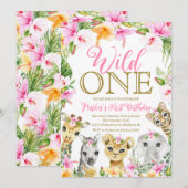 Invitation Pink Floral Wild One Jungle Safari Anniversaire fi (Devant / Derrière)