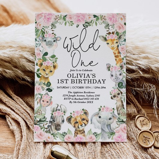 Invitation Pink Floral Wild One Jungle Safari Anniversaire fi