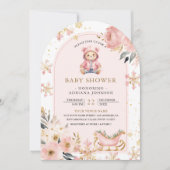 Invitation Pink Floral Winter Teddy Bear Baby shower photo (Devant)