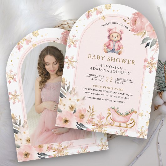 Invitation Pink Floral Winter Teddy Bear Baby shower photo